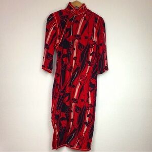 Vintage Women's Asian Red Black Leaf Lightweight Cheongsam Midi Dress Size XS/S